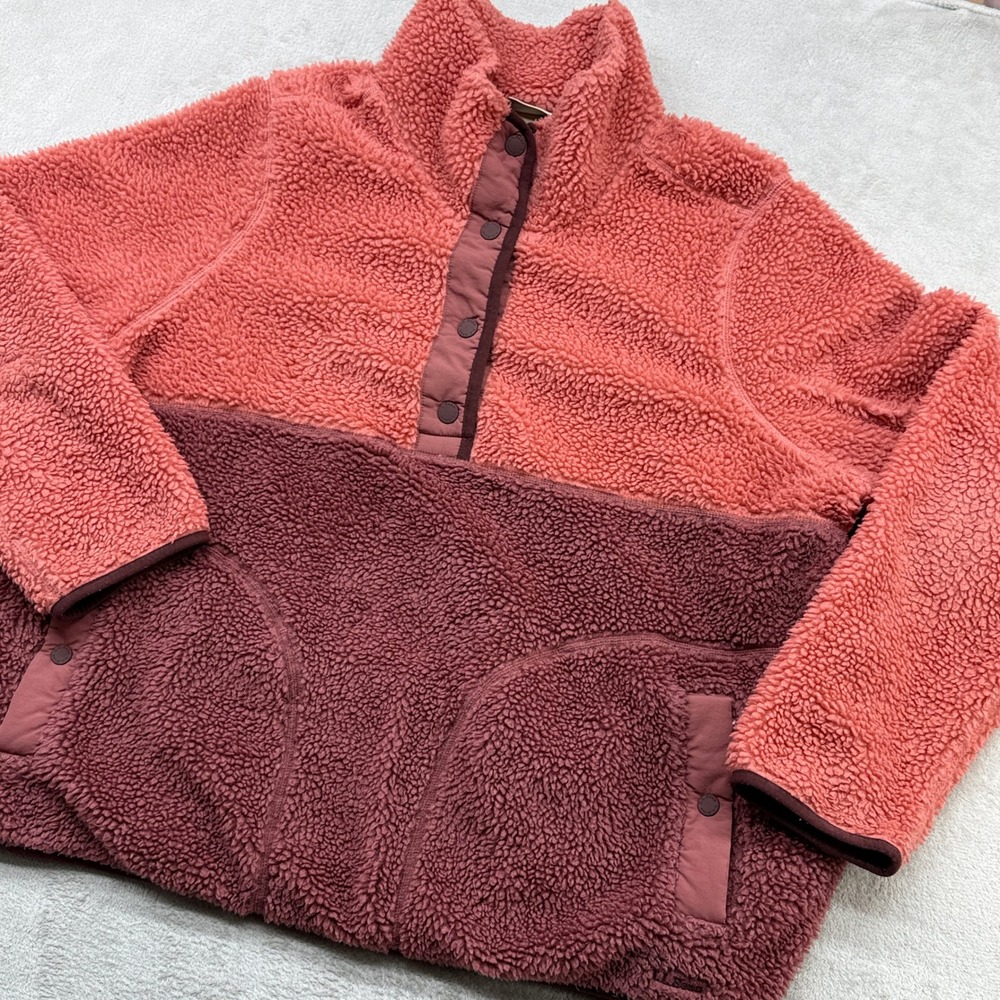 LL Bean Fleece Pullover Womens 3X Pink Maroon Hi-Pile Sherpa Snap Teddy Gorpcore